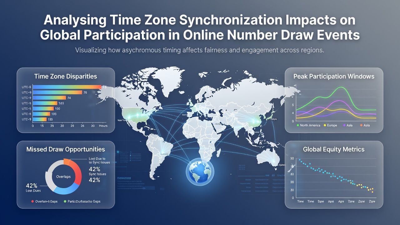 Dashboard screenshot of an online number draw platform displaying synchronized UTC and local times for participants across multiple continents