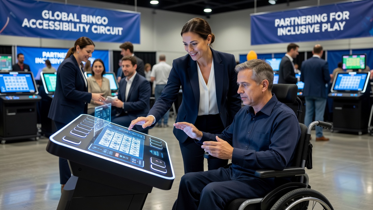 Bingo tournament setup showing gesture control interface integrated with accessibility hardware at a major event venue