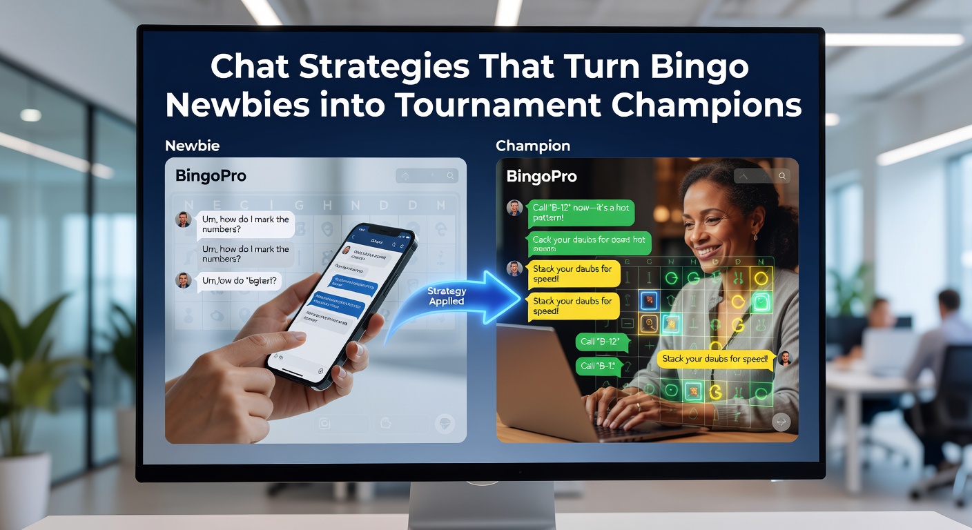 Bingo players engaging in lively chat during an online tournament, with chat bubbles filled with strategies and emojis floating above vibrant bingo cards