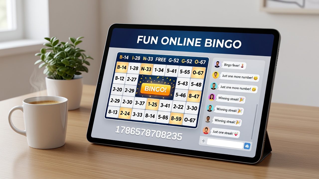 Close-up view of a digital bingo screen displaying animated number calls and player avatars in a shared virtual room