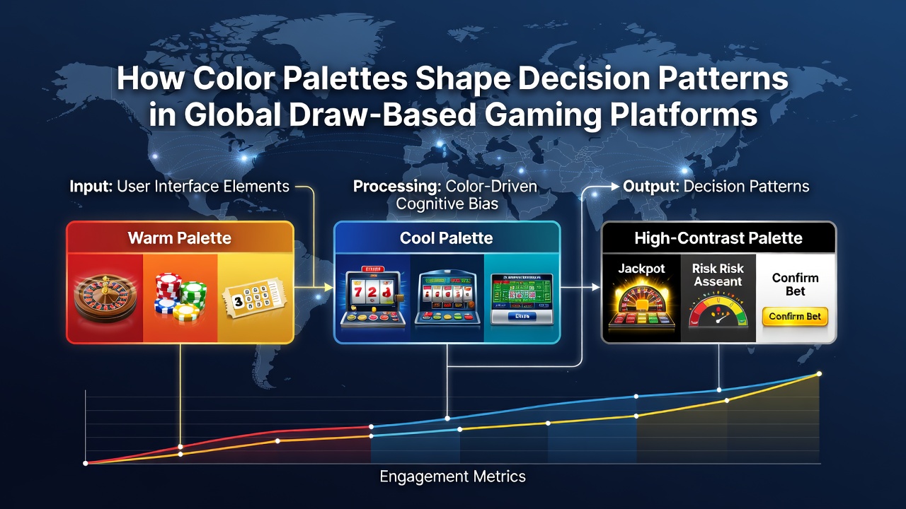 Color palette examples used in draw-based gaming interfaces showing warm reds and cool blues applied to ticket selection screens