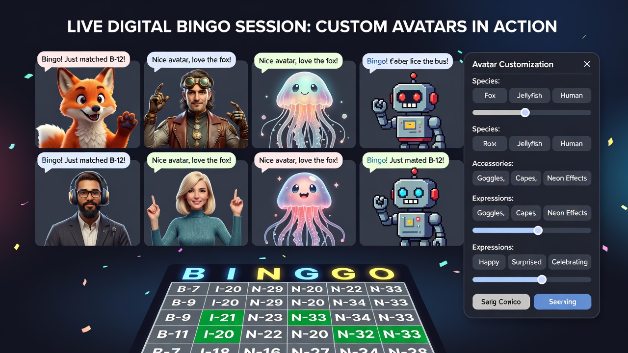 Group of bingo avatars interacting in a chat window during a live session with animated gestures and shared emotes