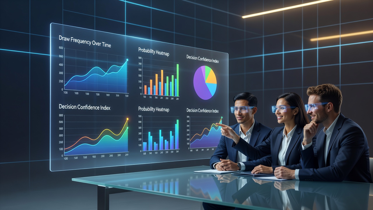 Data visualization dashboard displaying real-time number draw patterns and frequency charts in a virtual gaming interface
