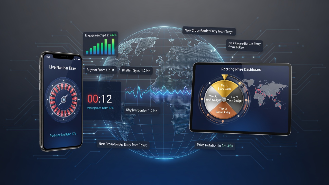 Device screens showing number draw interfaces across mobile and desktop platforms with global participation indicators