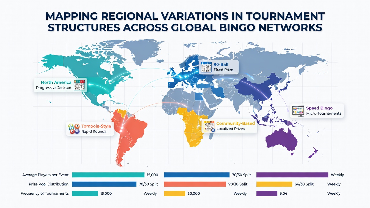 Global bingo tournament networks showing regional structure differences on digital maps