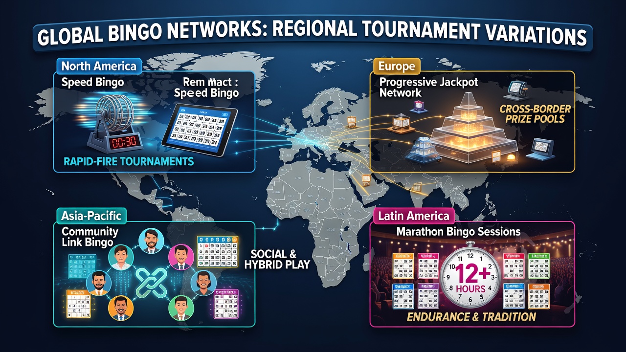 Regional bingo tournament brackets and prize structures illustrated on digital dashboards