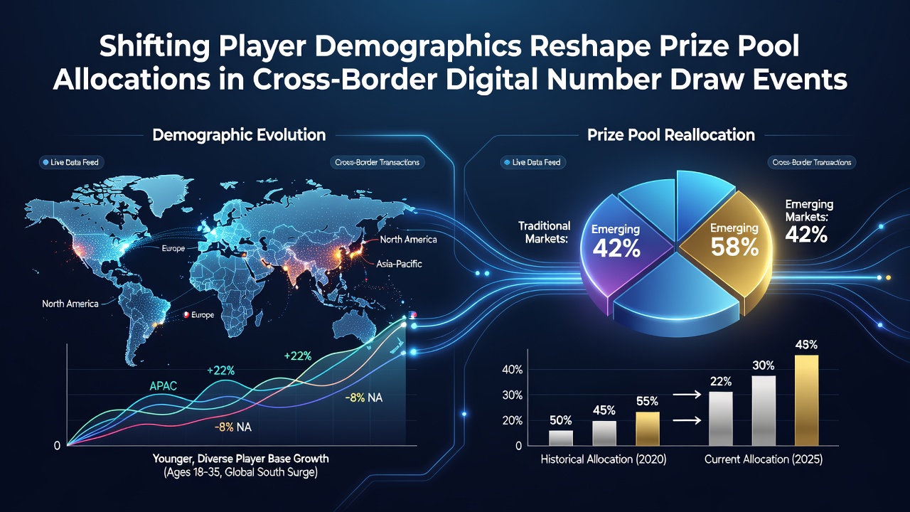 Analytics dashboard displaying demographic data and prize allocation charts for digital number draw platforms