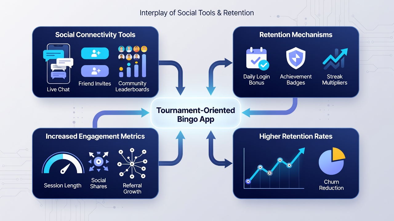 Analytics dashboard showing retention trends linked to social connectivity in bingo tournaments