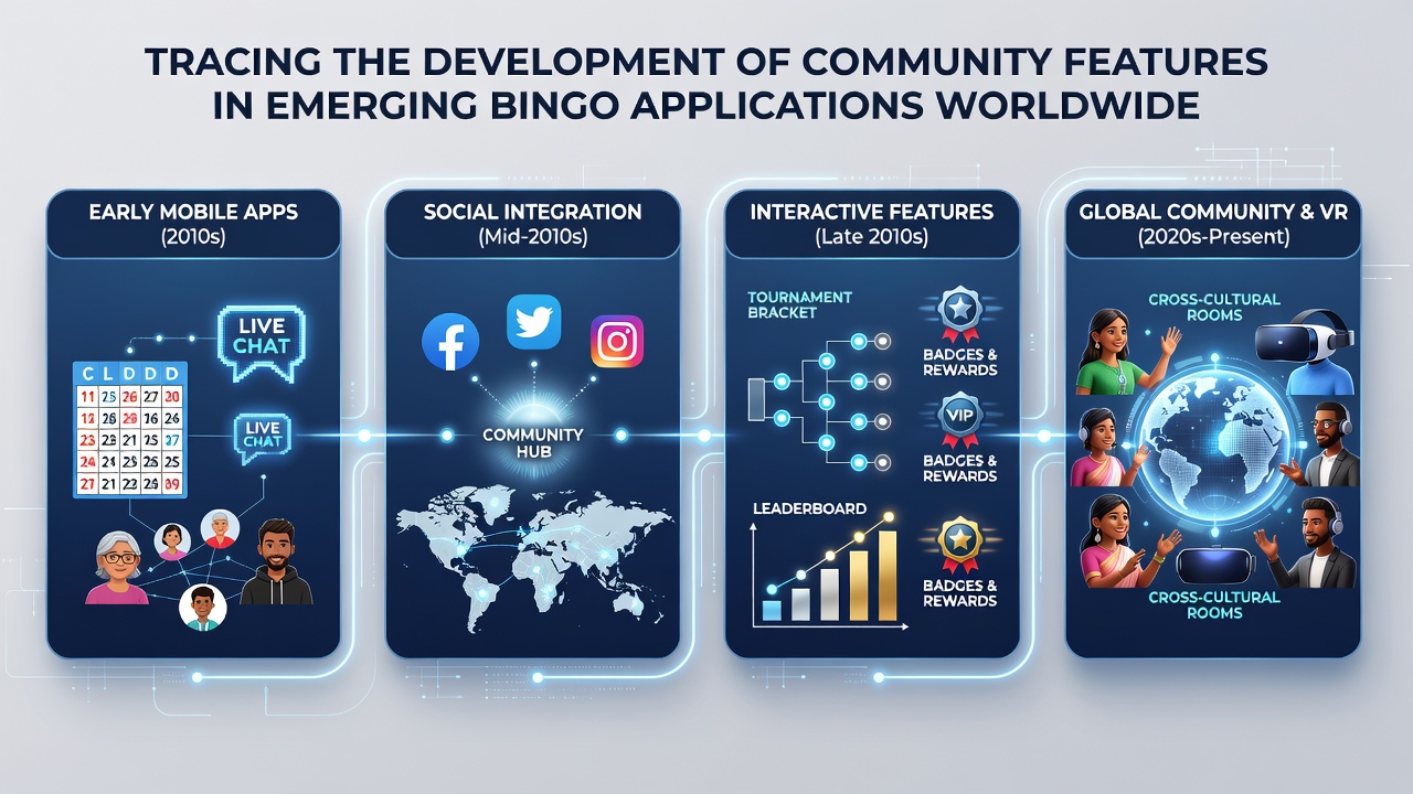 Global map highlighting bingo app community features across regions with icons for chat, social integration, and live events