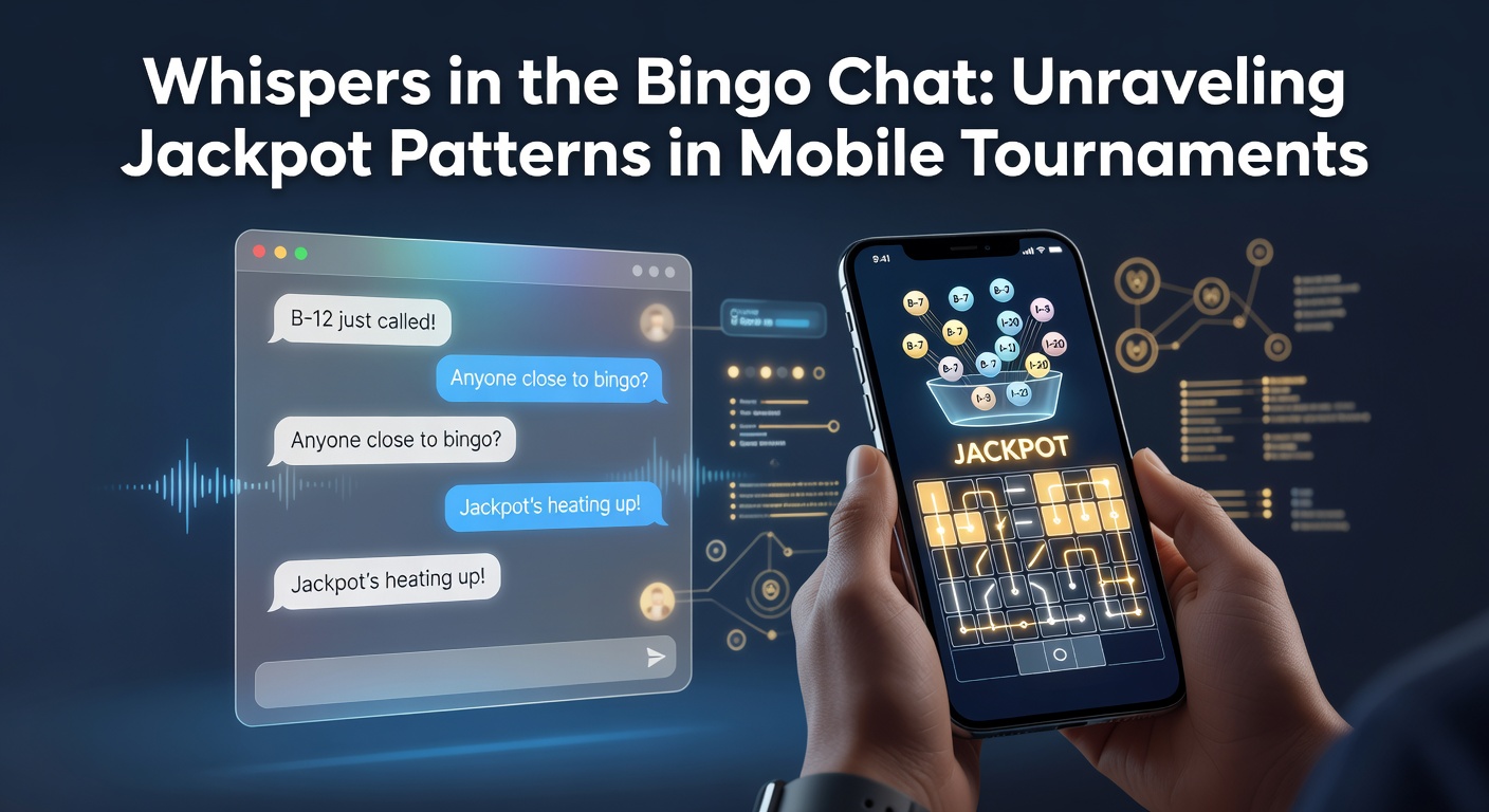 Mobile bingo players chatting animatedly in a tournament lobby, with jackpot counters ticking up on screen