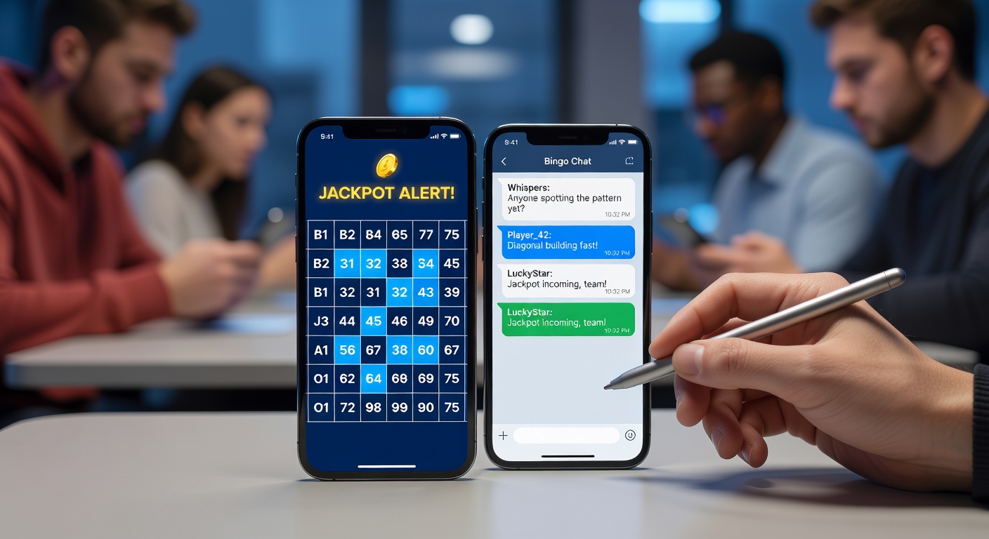 Close-up of a bingo chat window during a jackpot win, with excited emojis and win notifications flooding the screen